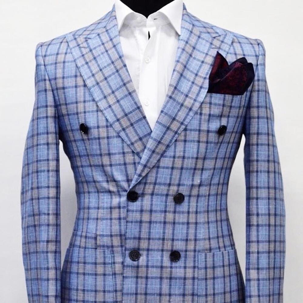 Light blue Windowpane DB Linen Blazer Slim 48R